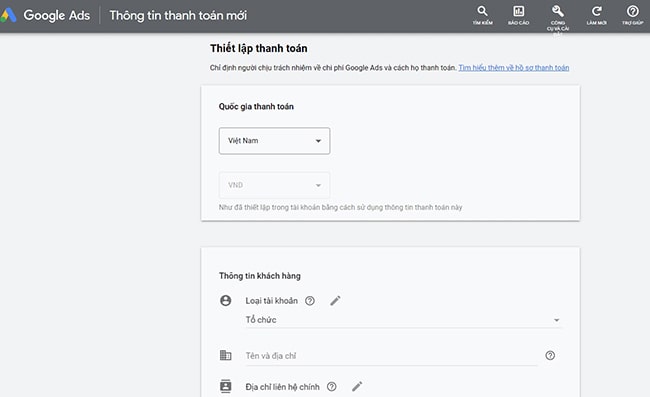 Cài đặt thanh toán quảng cáo 